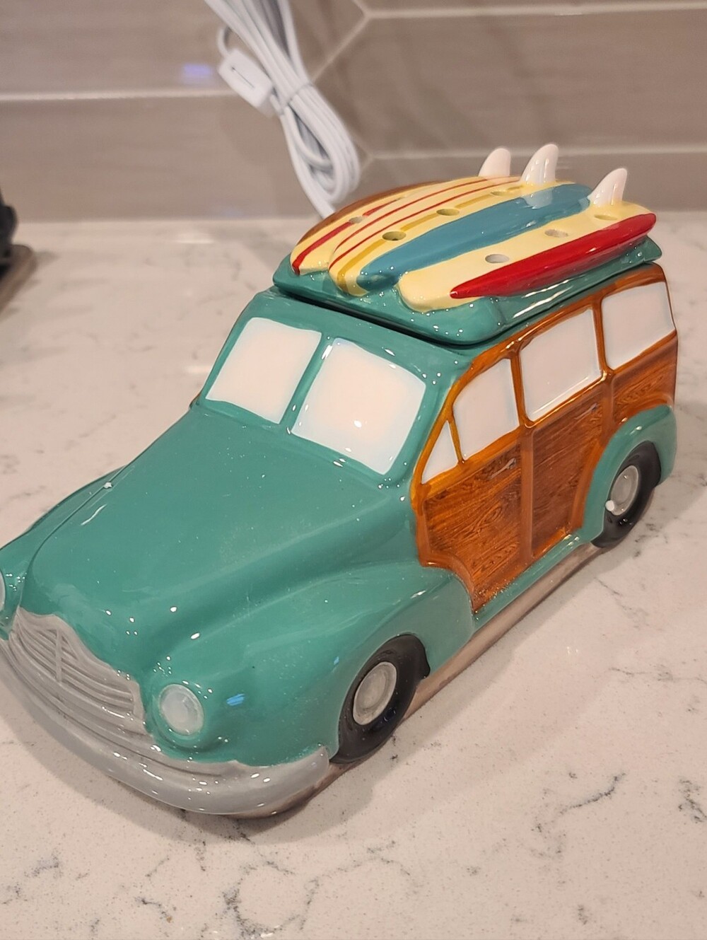 Scentsy Coastal Cruiser Warmer in Teal and Wood-Tone with Striped Surfboards